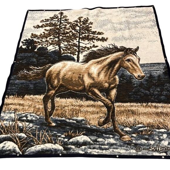 American Vintage Other - VTG Biederlack Western Blanket Horse Zipper Snaps Reversible Cuddle Wrap USA
